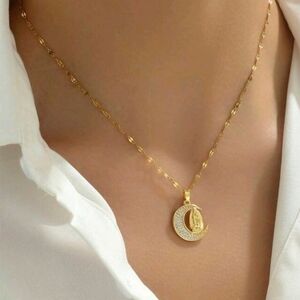 NEW! 18K Gold Plated Celestial Diamond Moon & Virgin Mary Pendant Chain Necklace
